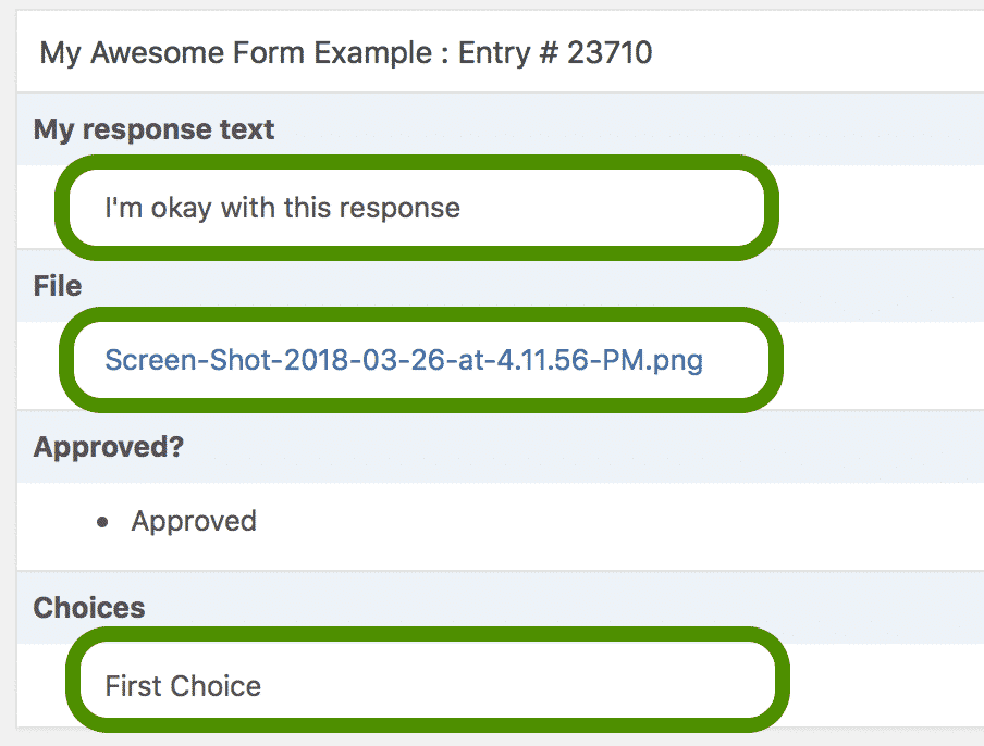 Restored GravityRevisions entry showing text response, file, approval, and choice field values