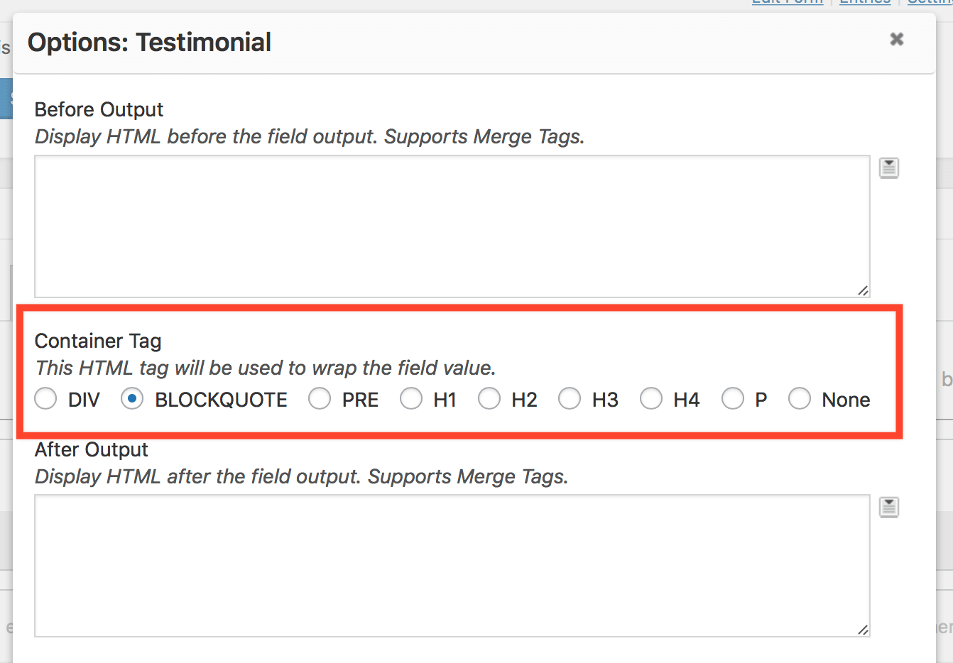 DIY Layout field settings modal, with the Container Tags setting highlighted with a red rectangle