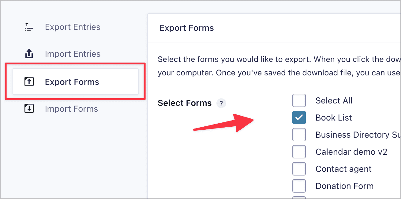 Export Forms section with "Book List" selected for export