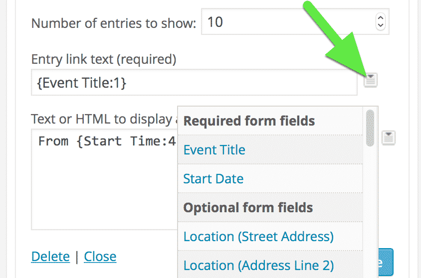 Dropdown showing form fields for configuring entry link text in the Recent Entries Widget settings