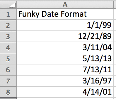 Spreadsheet in Excel displaying dates under "Funky Date Format" in column A