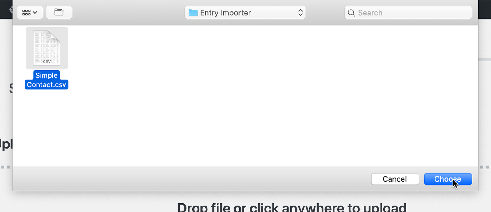 File selection dialog for importing CSV, highlighting "Simple Contact.csv" with "Choose" button