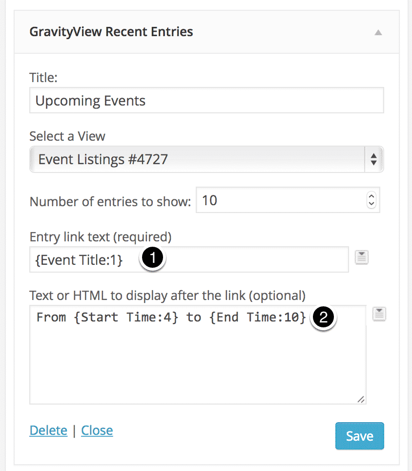 GravityView widget settings for displaying upcoming events entries, includes title, view selection, and entry link text