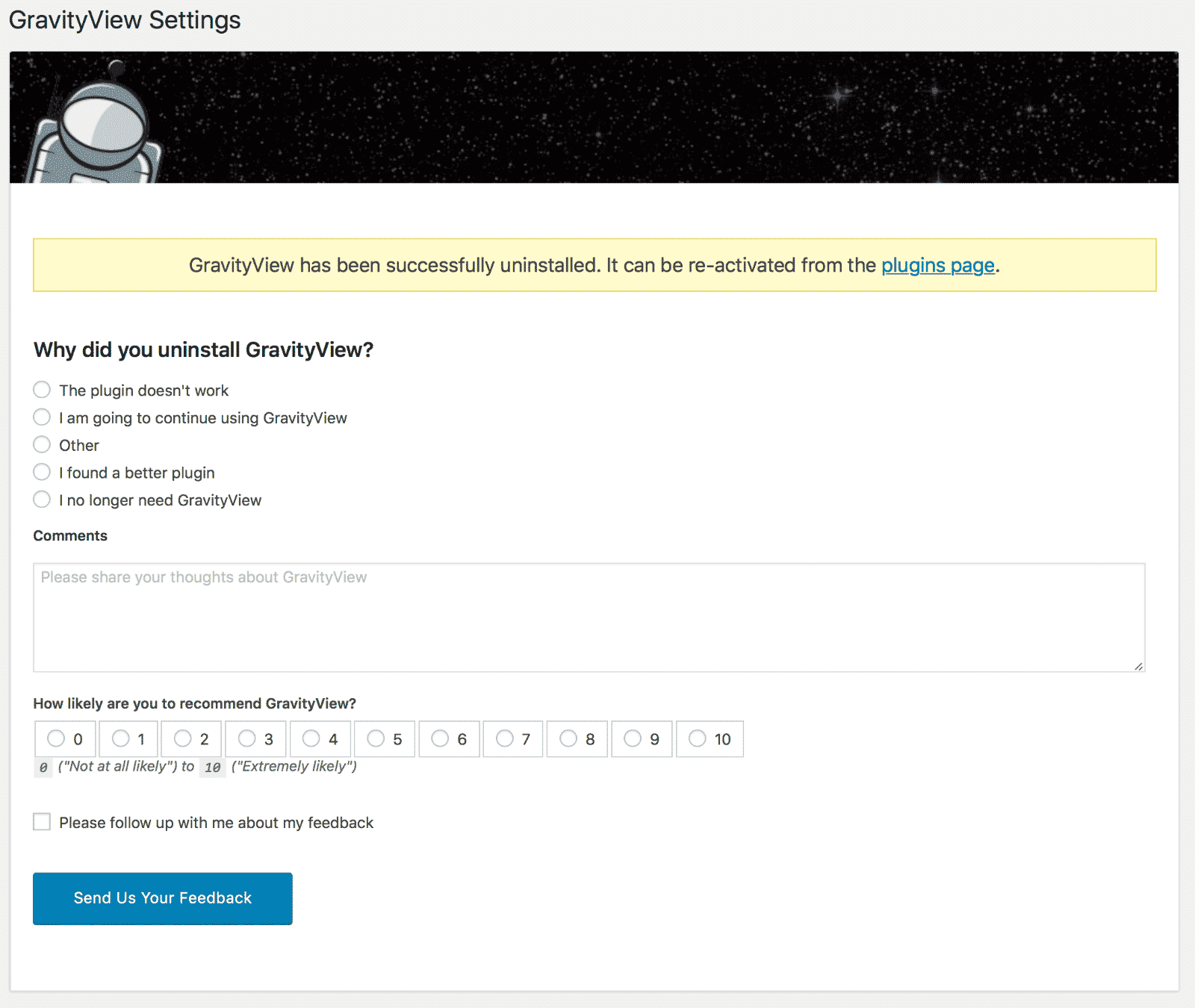 GravityView uninstall feedback form with reasons for removal and a submit button