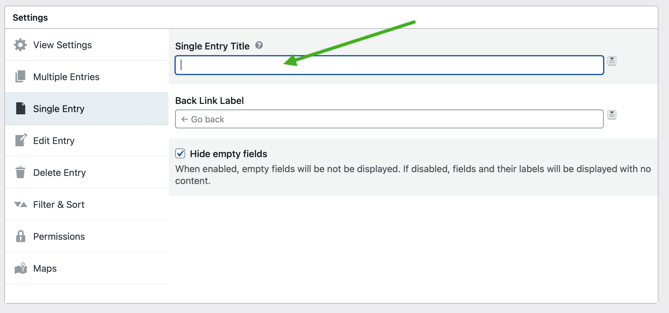 Screenshot of Single Entry Title field inside the Single Entry View Settings tab.