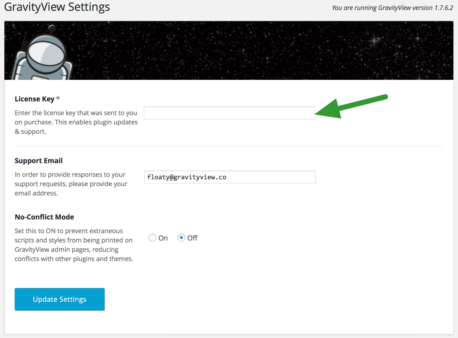 License key input box in GravityView settings for plugin updates and support activation