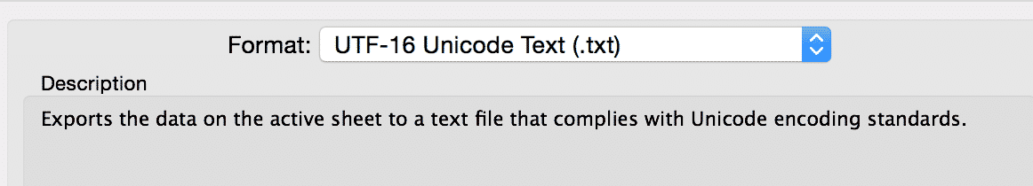 Format options in Excel for exporting data as UTF-16 Unicode Text with encoding standards