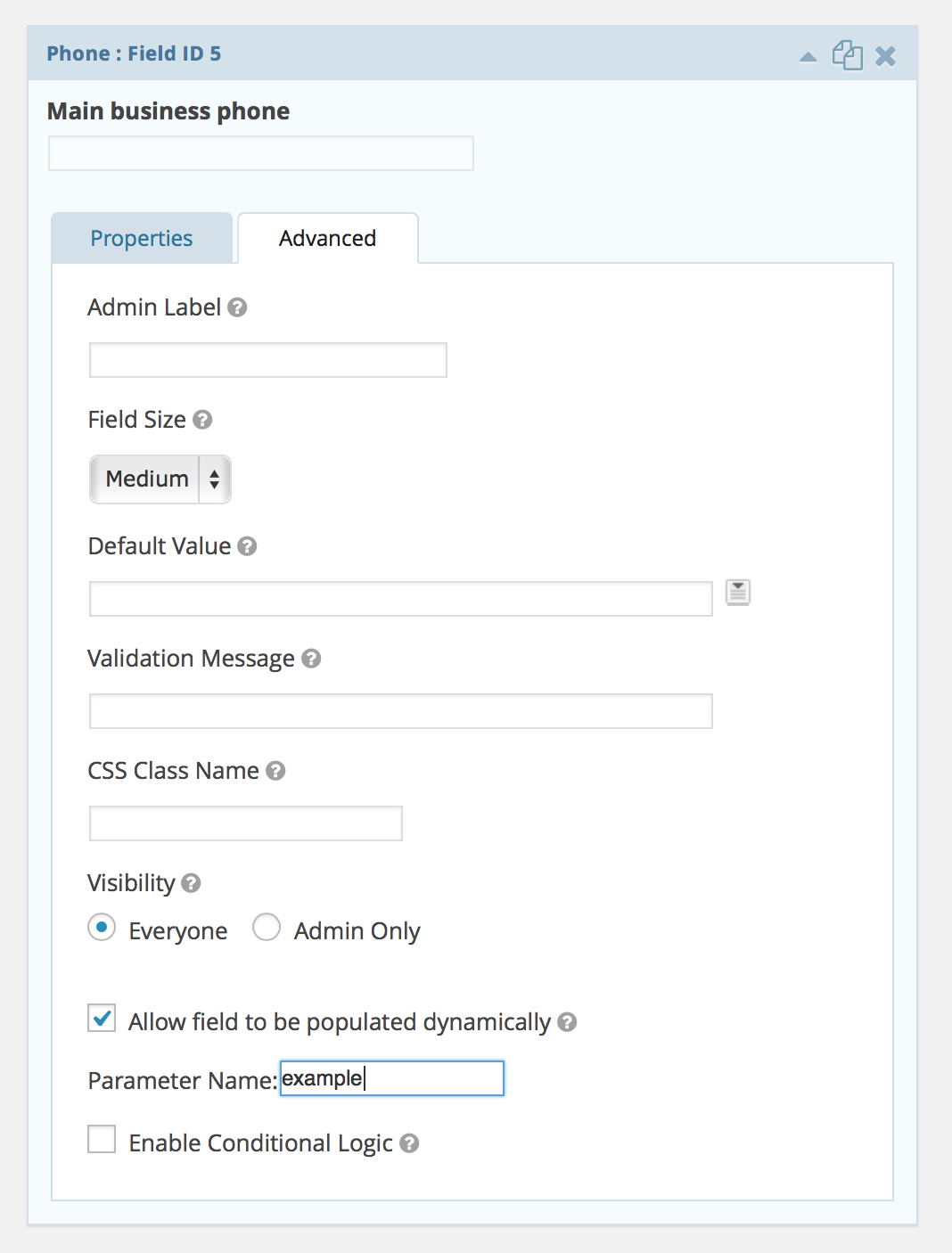 Field settings with "main business phone" and options for dynamic population, visibility, and parameter name input