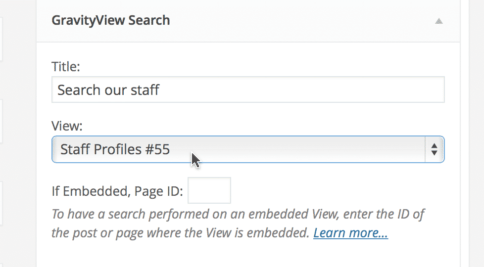 GravityView Search interface with a form to select a view and embed page ID