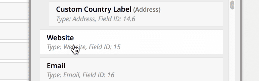 Cursor selecting "Website" field, Type: Website, Field ID: 15, in field picker list