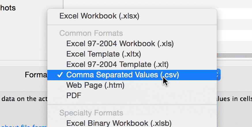 Selecting "Comma Separated Values (.csv)" format in Excel save options menu