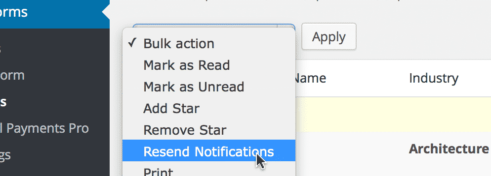 Dropdown menu with options: Bulk action, Mark as Read, Mark as Unread, Add Star, Remove Star, Resend Notifications