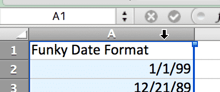 Excel column A selected to format date entries under "Funky Date Format"