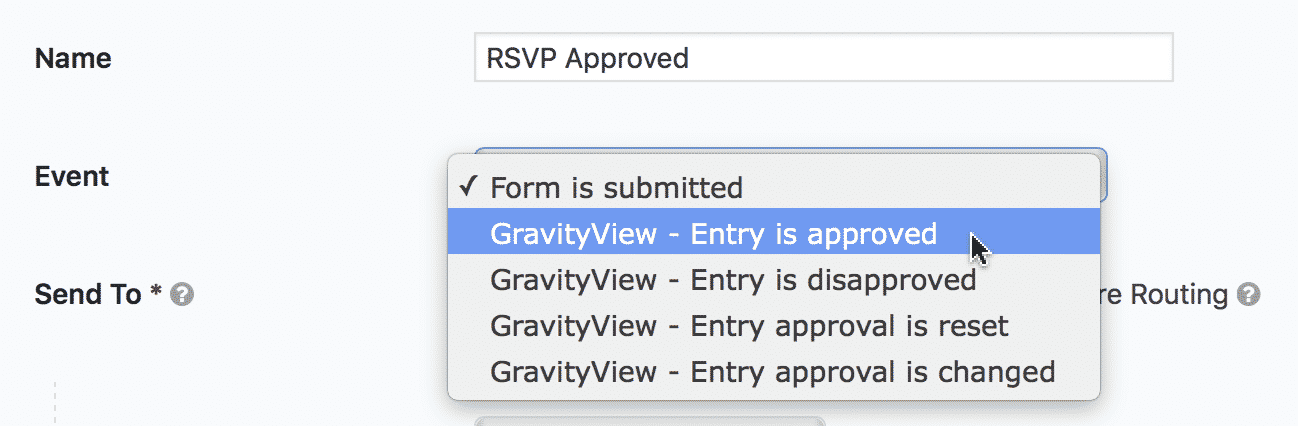 Dropdown menu showing GravityView event options: approved, disapproved, approval reset, approval changed