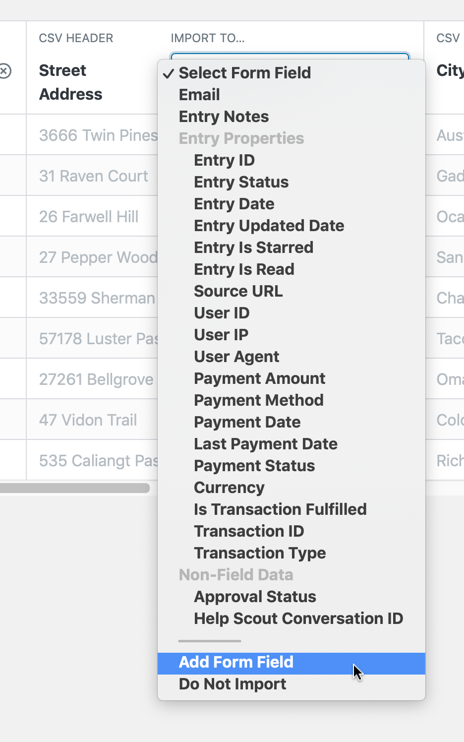 Dropdown menu for selecting form field during CSV import, includes option to add new form field