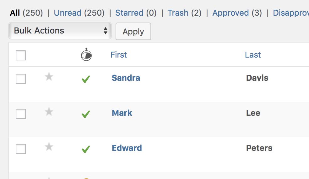 Gravity Forms entry list with approval checkmarks next to names for bulk actions management