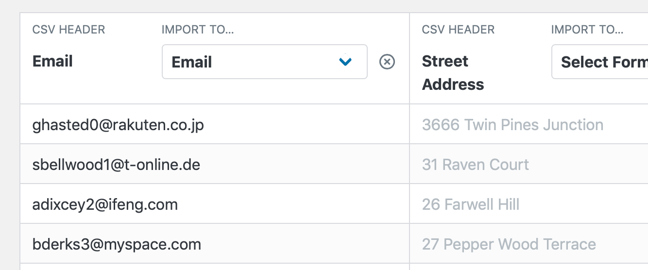 CSV import screen showing email field mapping and dropdown for form selection