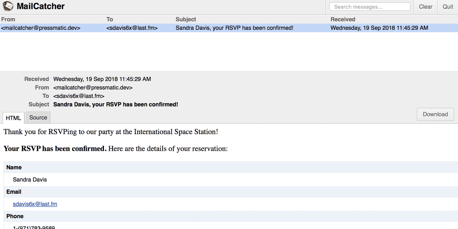 Email notification confirming RSVP details for Sandra Davis, including name, email, and phone number