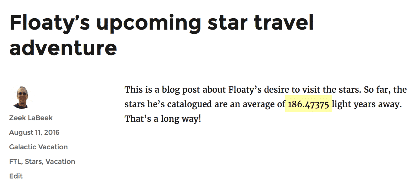 Blog post with calculated average star distance of 186.47375 light years