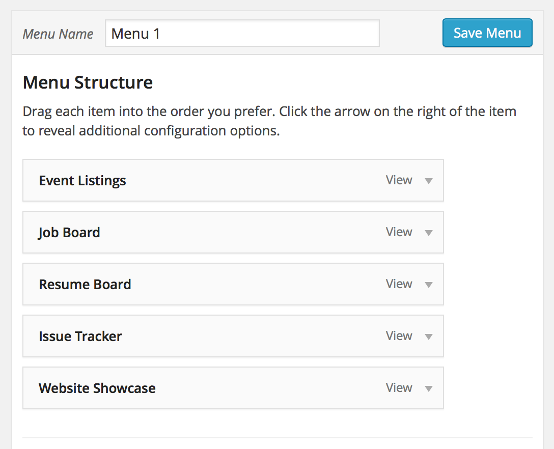 WordPress menu editor showing items: Event Listings, Job Board, Resume Board, Issue Tracker, Website Showcase
