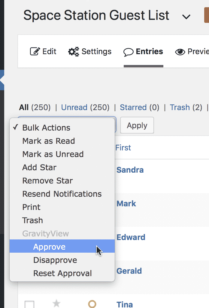 Dropdown menu under Bulk Actions in Gravity Forms with options like Approve, Disapprove, and Reset Approval