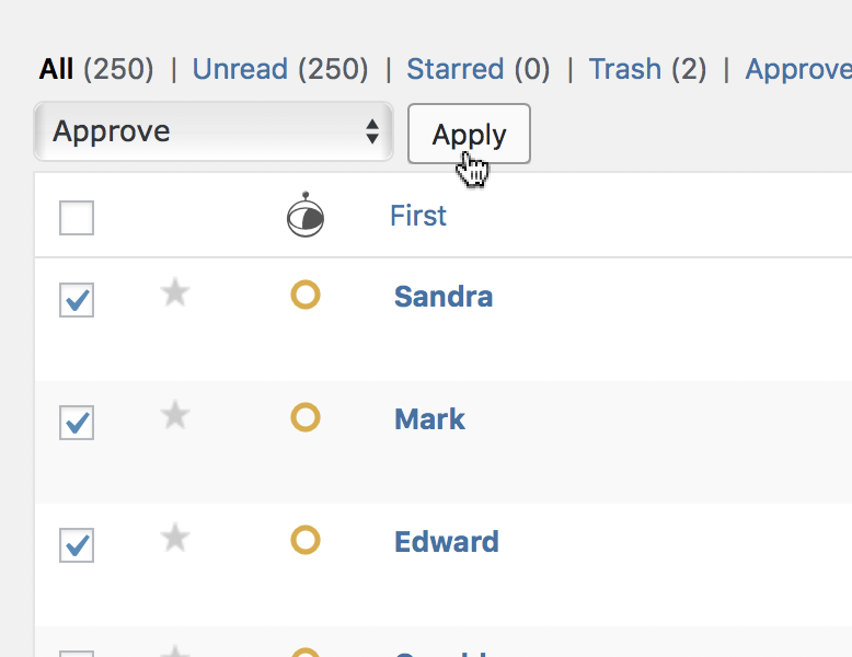 Entries with checkboxes are selected for approval in Gravity Forms. The "Apply" button is ready to be clicked