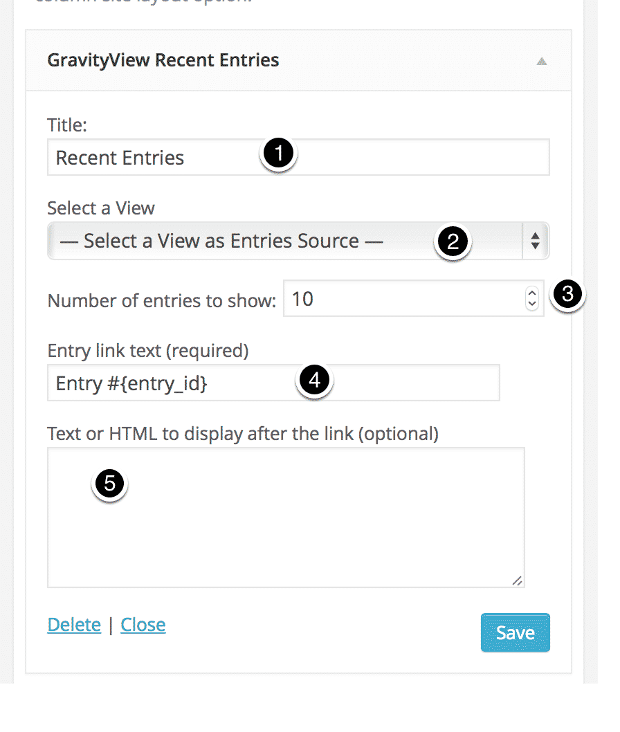 Widget settings for displaying recent entries: title, view selection, number, link text, optional HTML