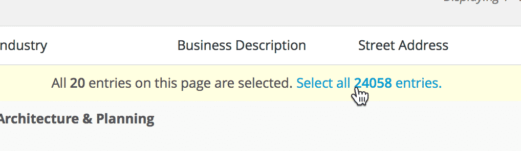 Select all entries link highlighted for bulk selection of 24058 entries