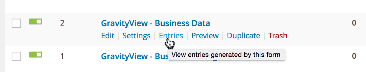 Entries view option for imported form in GravityView interface