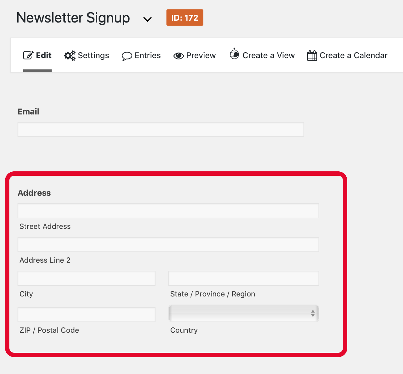 Form with new address fields added: street, city, region, zip, country, after import in newsletter signup