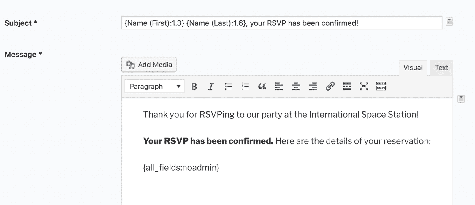 Email notification template with subject and message fields for confirming RSVP