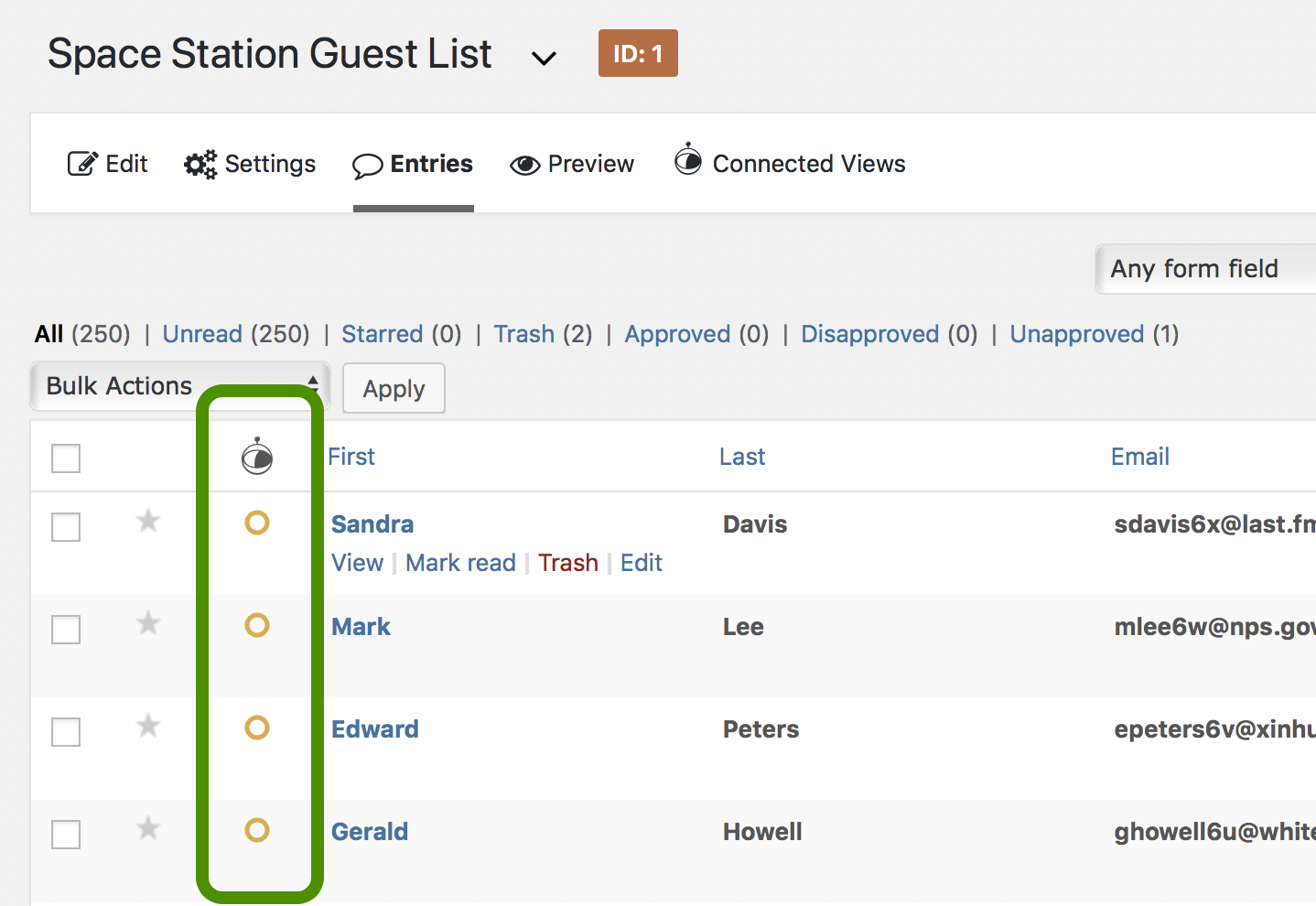 Entry approval column in Gravity Forms Entries screen, showing approval status options for each entry