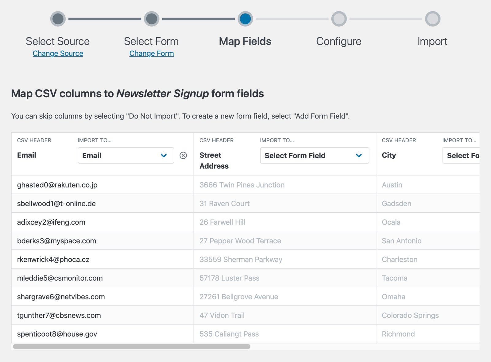 Map CSV columns to form fields for importing data into a newsletter signup form
